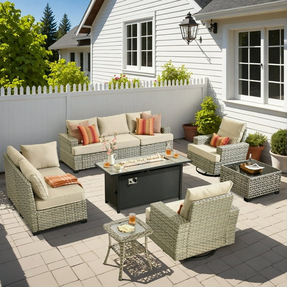 Vcatnet Patio Outdoor Conversation Set, 10 Pieces Sectional Sofa with 54" Fire Pit, All Weather Wicker Patio Furniture Set with Swivel Rockers and Solar Powered Coffee Table, Beige
