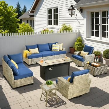 Vcatnet Patio Outdoor Conversation Set, 10 Pieces Sectional Sofa with 54" Fire Pit, All Weather Wicker Patio Furniture Set with Swivel Rockers and Solar Powered Coffee Table, Navy Blue