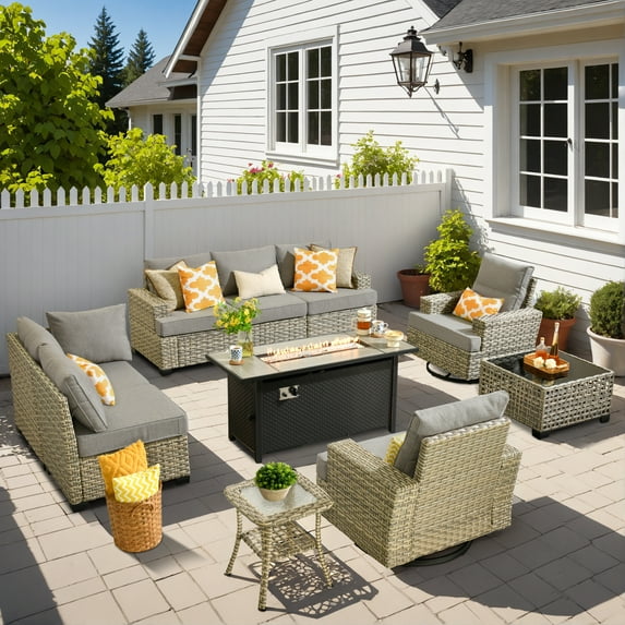 Vcatnet Patio Outdoor Conversation Set, 10 Pieces Sectional Sofa with 54" Fire Pit, All Weather Wicker Patio Furniture Set with Swivel Rockers and Solar Powered Coffee Table, Dark Gray