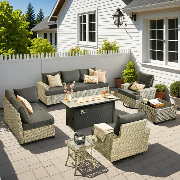 Vcatnet Patio Outdoor Conversation Set, 10 Pieces Sectional Sofa with 54" Fire Pit, All Weather Wicker Patio Furniture Set with Swivel Rockers and Solar Powered Coffee Table, Black