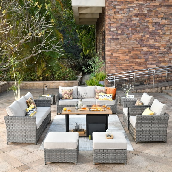 Vcatnet Outdoor Conversation Set 13 Pieces Sectional Sofa with 46" Fire Pit All Weather Wicker Patio Furniture Set with Ottoman  for Garden,Backyard,Beige