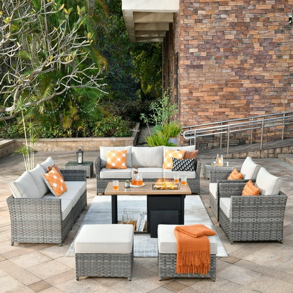 Vcatnet Outdoor Conversation Set 13 Pieces Sectional Sofa with 46" Fire Pit All Weather Wicker Patio Furniture Set with Ottoman for Garden,Backyard,Coarse Beige