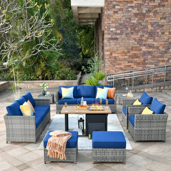 Vcatnet Outdoor Conversation Set 13 Pieces Sectional Sofa with 46" Fire Pit All Weather Wicker Patio Furniture Set with Ottoman for Garden,Backyard,Navy Blue