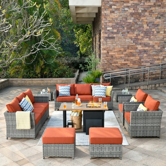 Vcatnet Outdoor Conversation Set 13 Pieces Sectional Sofa with 46" Fire Pit All Weather Wicker Patio Furniture Set with Ottoman for Garden,Backyard,Orange Red