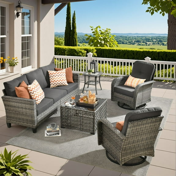 Vcatnet Outdoor Conversation Set 5 Pieces Sectional Sofa All Weather Wicker Patio Furniture Set with Swivel Rocking Chairs and Coffee Table for Porch, Deck, Black