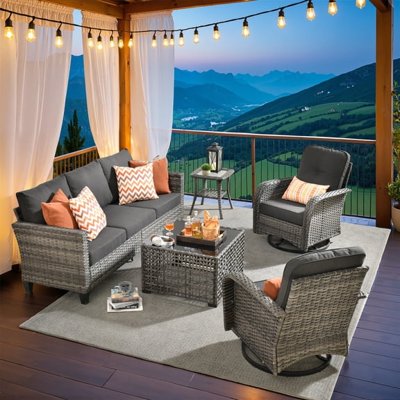 Vcatnet Patio Furniture Sets, 5 Pieces Wicker Outdoor Sectional Sofa, Rattan Patio Outdoor Conversation Set with Swivel Rocking Chairs and Coffee Table, Black