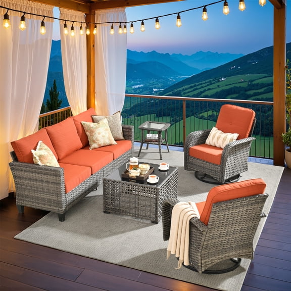 Vcatnet Patio Furniture Sets, 5 Pieces Wicker Outdoor Sectional Sofa, Rattan Patio Outdoor Conversation Set with Swivel Rocking Chairs and Coffee Table, Orange Red