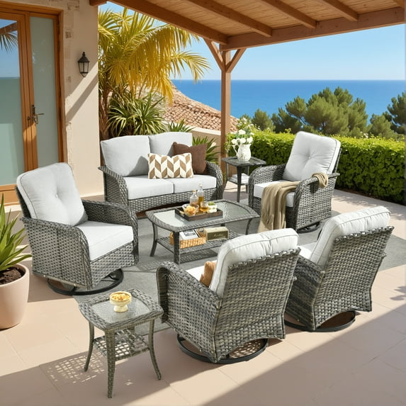 Vcatnet Outdoor Conversation Set 8 Pieces Sectional Sofa All Weather Wicker Patio Furniture with Swivel Rocking Chairs and Coffee Table Gray