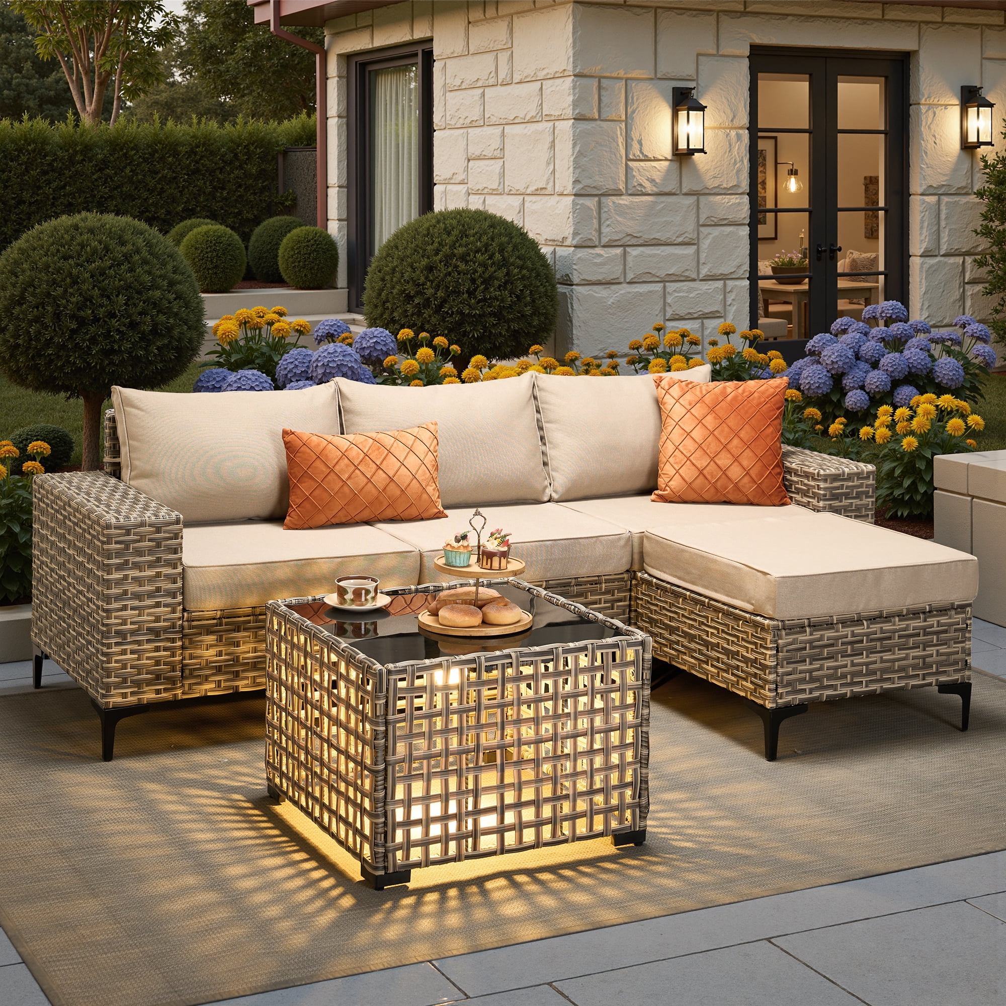 Vcatnet Outdoor Patio Furniture 5 Pieces Wicker Conversation Set Sectional Sofa with Coffee Table and Ottoman, Beige