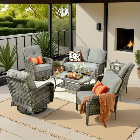 Vcatnet 7 Pieces Outdoor Patio Furniture Set High Back All Weather Wicker Conversation Set with Swivel Chairs & Coffee Table, Dark Gray