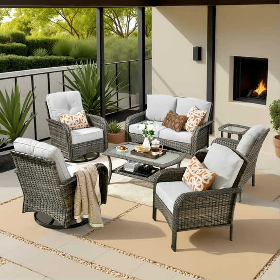 Vcatnet 7 Pieces Outdoor Patio Furniture Set High Back All Weather Wicker Conversation Set with Swivel Chairs & Coffee Table, Gray