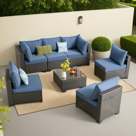 Vcatnet Outdoor Patio Furniture 7 Pieces Wicker Conversation Set Outdoor Sectional Sofa with Coffee Table, Dark Blue