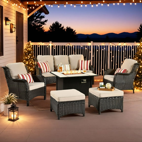 Vcatnet Outdoor Patio Furniture with Fire Pit 6 Pieces Sectioal Sofa All Weather Wicker High-Back Conversation Set with Ottoman for Porch, Deck, Beige