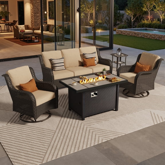 Vcatnet Outdoor Patio Furniture with Fire Pit 5 Pieces Sectioal Sofa All Weather Wicker High-Back Conversation Set with Swivel Glider Rockers for Porch, Deck, Beige