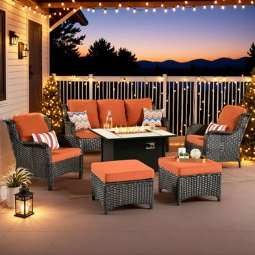 Vcatnet Outdoor Patio Furniture with Fire Pit 6 Pieces Sectioal Sofa All Weather Wicker High-Back Conversation Set with Ottoman for Porch, Deck, Orange Red