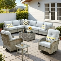 Vcatnet Outdoor Patio Furniture Sets 10 Pieces Sectional Sofa Wicker Conversation Set with Swivel Glider Chairs and Solar Powered Coffee Table for Porch,Backyard,Gray