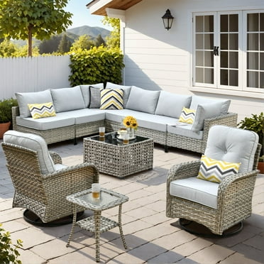 Vcatnet Outdoor Patio Furniture Sets 10 Pieces Sectional Sofa Wicker Conversation Set with Swivel Glider Chairs and Solar Powered Coffee Table for Porch,Backyard,Gray