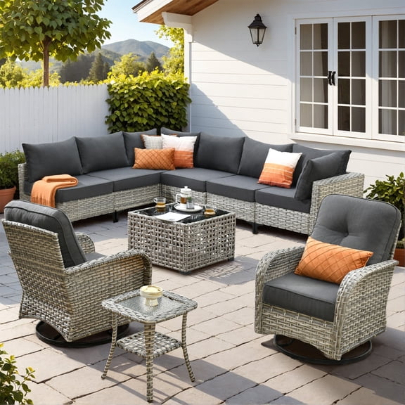 Vcatnet Outdoor Patio Furniture Sets 10 Pieces Sectional Sofa Wicker Conversation Set with Swivel Glider Chairs and Solar Powered Coffee Table for Porch,Backyard,Black