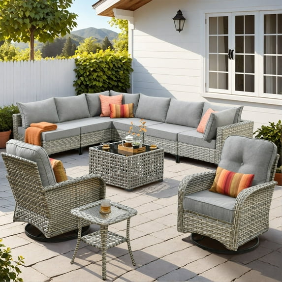 Vcatnet Outdoor Patio Furniture Sets 10 Pieces Sectional Sofa Wicker Conversation Set with Swivel Glider Chairs and Solar Powered Coffee Table for Porch,Backyard,Dark Gray