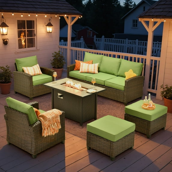 Vcatnet Outdoor Patio Furniture Sets with 42" Gas Propane Fire Pit Table 6 Pieces All Weather Sectional Sofa PE Rattan Wicker High Back Conversation Set with Ottoman,Green