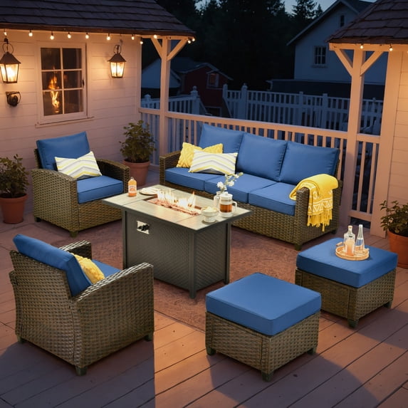 Vcatnet Outdoor Patio Furniture Sets with 42" Gas Propane Fire Pit Table 6 Pieces All Weather Sectional Sofa PE Rattan Wicker High Back Conversation Set with Ottoman,Navy Blue