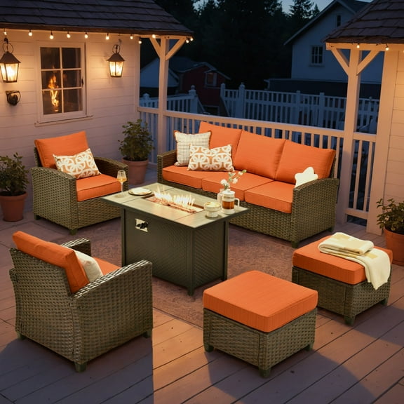 Vcatnet Outdoor Patio Furniture Sets with 42" Gas Propane Fire Pit Table 6 Pieces All Weather Sectional Sofa PE Rattan Wicker High Back Conversation Set with Ottoman,Orange Red