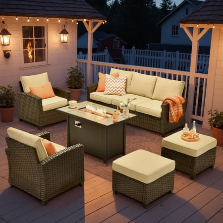 Vcatnet Outdoor Patio Furniture Sets with 42" Gas Propane Fire Pit Table 6 Pieces All Weather Sectional Sofa PE Rattan Wicker High Back Conversation Set with Ottoman,Beige