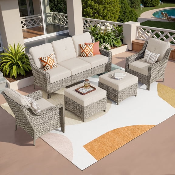 Vcatnet Outdoor Patio Furniture Sets 5 Pieces Sectional Sofa All Weather Wicker High Back Conversation Set with Ottoman Beige
