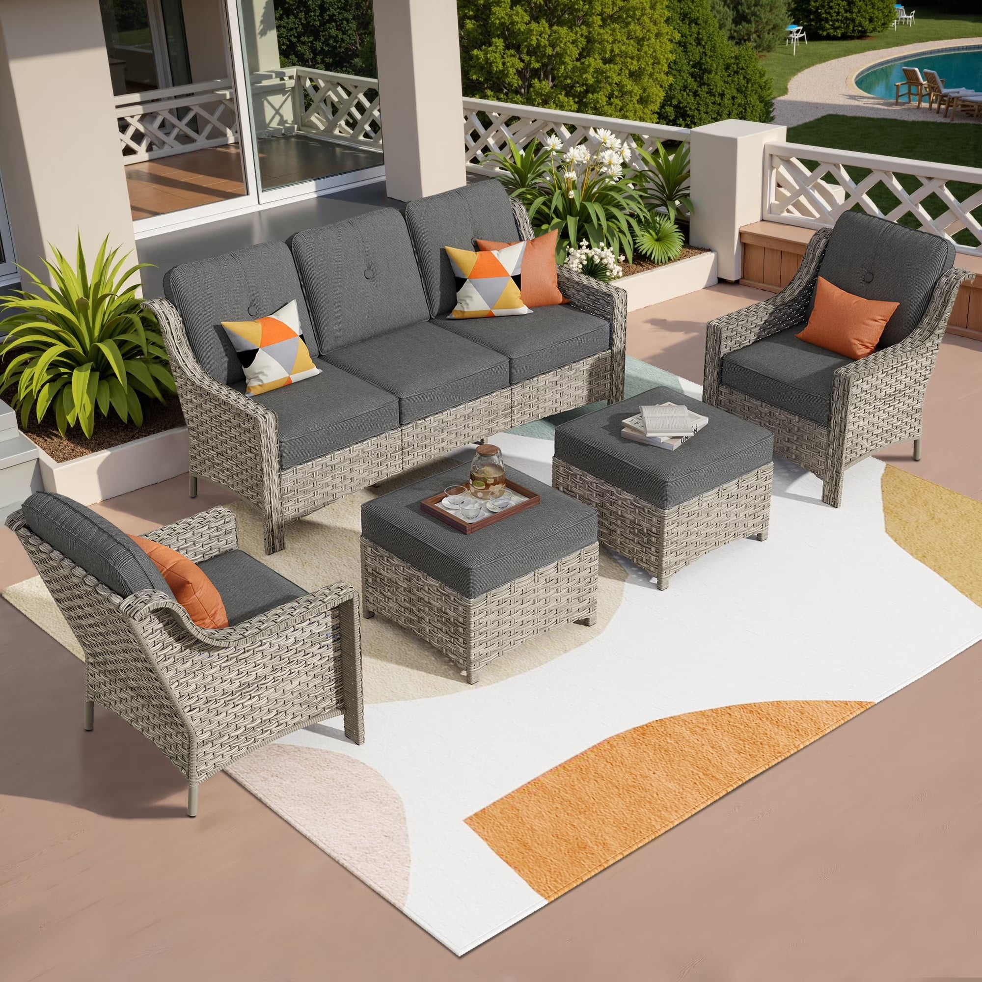 Vcatnet Outdoor Patio Furniture Sets 5 Pieces Sectional Sofa All Weather Wicker High Back Conversation Set with Ottoman Black