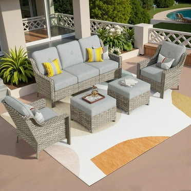 Vcatnet Outdoor Patio Furniture Sets 5 Pieces Sectional Sofa All Weather Wicker High Back Conversation Set with Ottoman Dark Gray