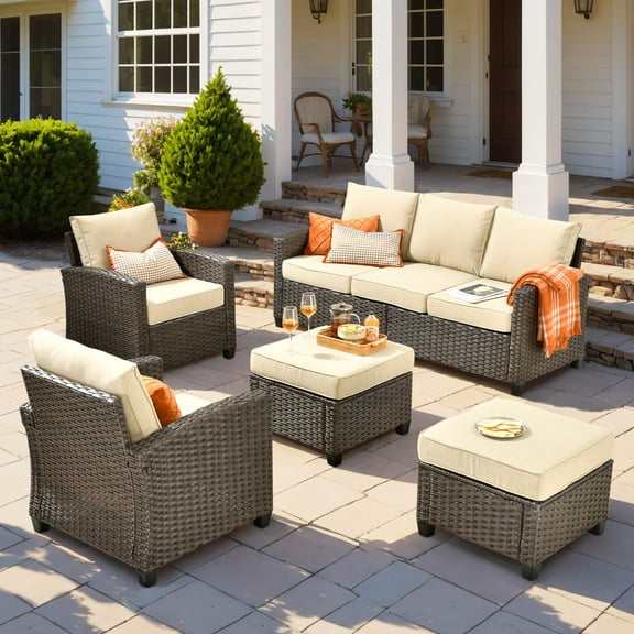 Vcatnet Outdoor Patio Furniture Sets 5 Pieces All Weather High Back Sectional Sofa PE Rattan Wicker Conversation Set with Ottoman for Porch,Backyard,Beige