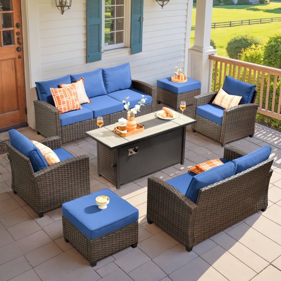 Vcatnet Outdoor Patio Furniture Sets with 54" Fire Pit 7 Pieces All Weather Sectional Sofa PE Rattan Wicker High Back Conversation Set with Ottoman,Navy Blue