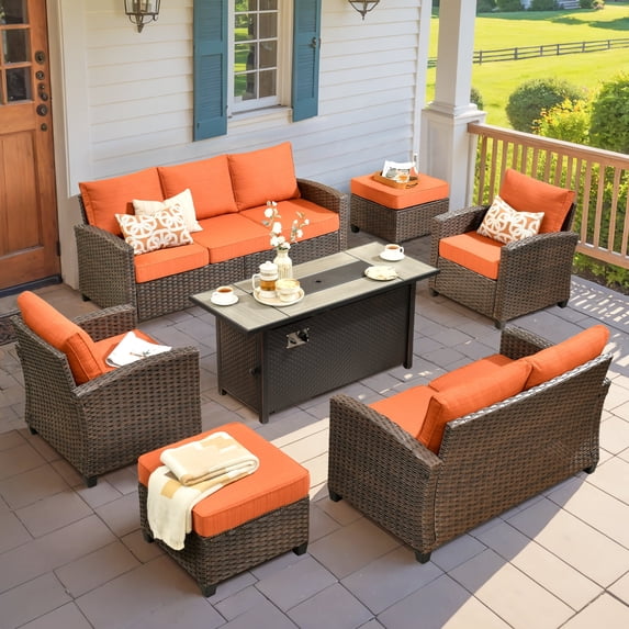 Vcatnet Outdoor Patio Furniture Sets with 54" Fire Pit 7 Pieces All Weather Sectional Sofa PE Rattan Wicker High Back Conversation Set with Ottoman,Orange Red
