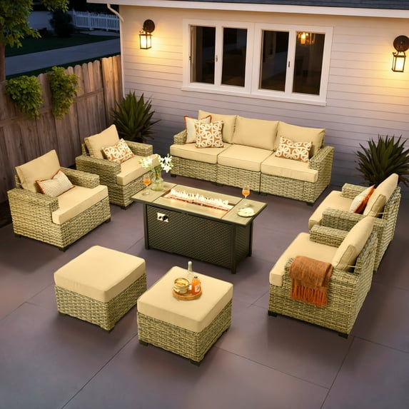 Vcatnet 10 Pieces Outdoor Patio Conversation Set with 54" Fire Pit Wicker High Back Sectional Sofa Furniture Beige