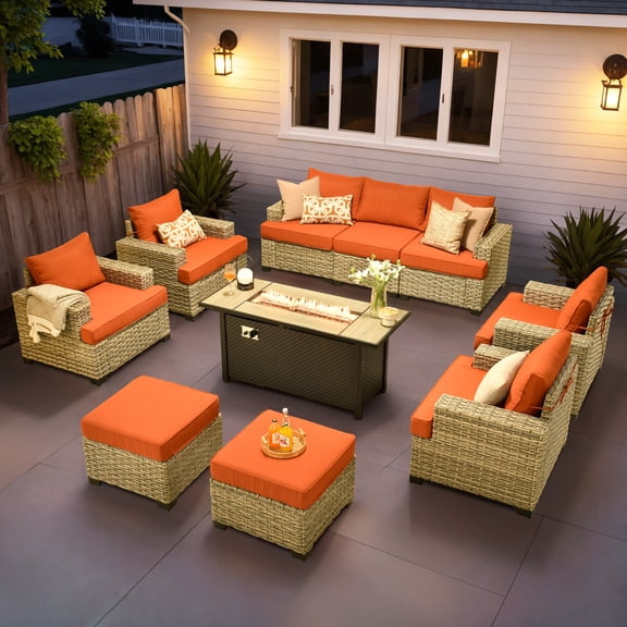 Vcatnet 10 Pieces Outdoor Patio Conversation Set with 54" Fire Pit Wicker High Back Sectional Sofa Furniture Orange Red