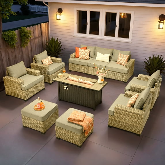 Vcatnet 10 Pieces Outdoor Patio Conversation Set with 54" Fire Pit Wicker High Back Sectional Sofa Furniture Dark Gray