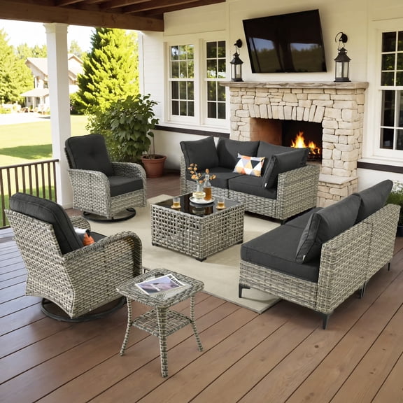 Vcatnet Outdoor Patio Furniture Sets 8 Pieces Sectional Sofa Wicker Conversation Set with Swivel Glider Chairs and Solar Powered Coffee Table,Black
