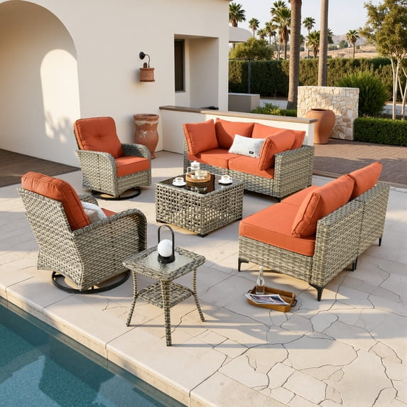 Vcatnet Outdoor Patio Furniture Sets 8 Pieces Sectional Sofa Wicker Conversation Set with Swivel Glider Chairs and Solar Powered Coffee Table for Porch, Deck, Coarse Orange Red