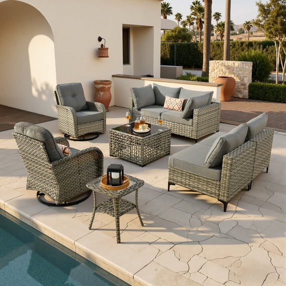 Vcatnet Outdoor Patio Furniture Sets 8 Pieces Sectional Sofa Wicker Conversation Set with Swivel Glider Chairs and Solar Powered Coffee Table for Porch, Deck, Dark Gray