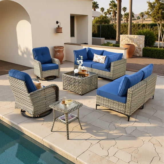 Vcatnet Outdoor Patio Furniture Sets 8 Pieces Sectional Sofa Wicker Conversation Set with Swivel Glider Chairs and Solar Powered Coffee Table for Porch, Deck, Navy Blue
