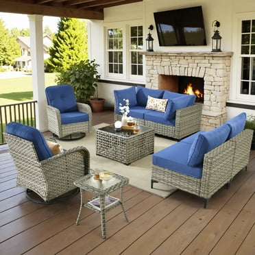 Vcatnet Outdoor Patio Furniture Sets 8 Pieces Sectional Sofa Wicker Conversation Set with Swivel Glider Chairs and Solar Powered Coffee Table for Porch,Backyard,Navy Blue