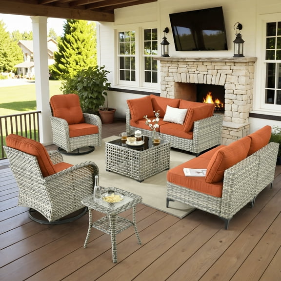 Vcatnet Outdoor Patio Furniture Sets 8 Pieces Sectional Sofa Wicker Conversation Set with Swivel Glider Chairs and Solar Powered Coffee Table for Porch,Backyard,Orange Red