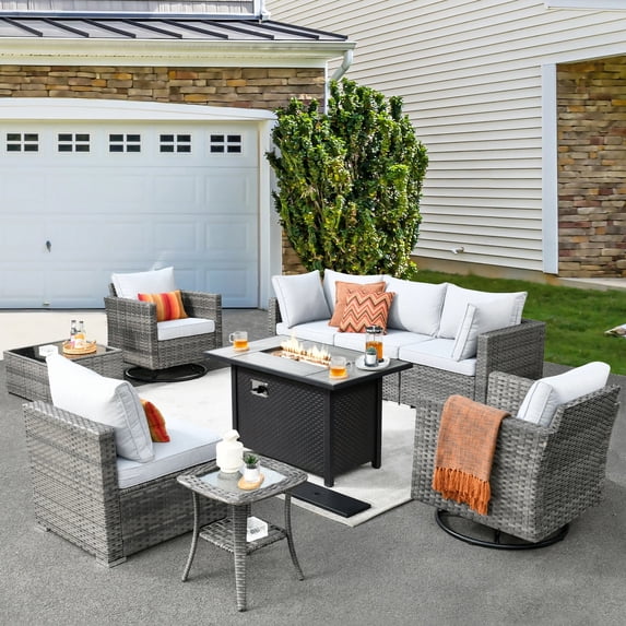 Vcatnet Outdoor Patio Furniture Sets, 9 Pieces Sectional Sofa with Fire Pit, All Weather Wicker Conversation Set with Swivel Glider Chairs and Coffee Table, Gray
