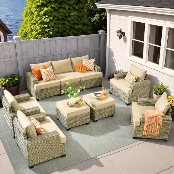 Vcatnet Outdoor Patio Furniture Sets 9 Pieces All Weather Wicker Sectional Sofa PE Rattan Wicker Outdoor Conversation Set with Ottoman, Beige