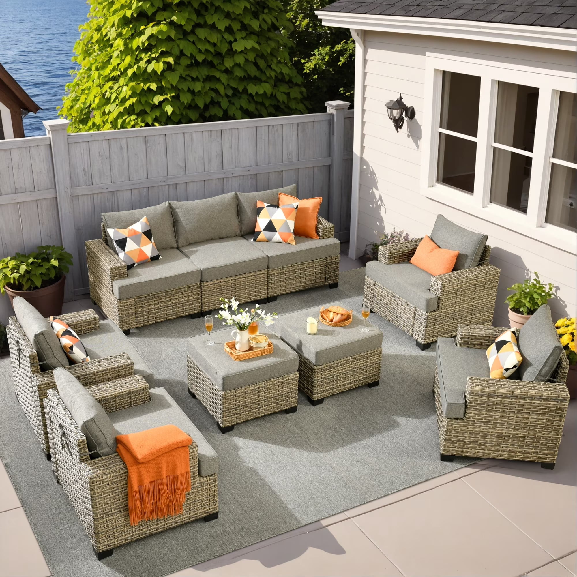 Vcatnet Outdoor Patio Furniture Sets 9 Pieces All Weather Wicker Sectional Sofa PE Rattan Wicker Outdoor Conversation Set with Ottoman, Dark Gray