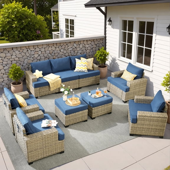 Vcatnet Outdoor Patio Furniture Sets 9 Pieces All Weather Wicker Sectional Sofa PE Rattan Wicker Outdoor Conversation Set with Ottoman, Denim Blue