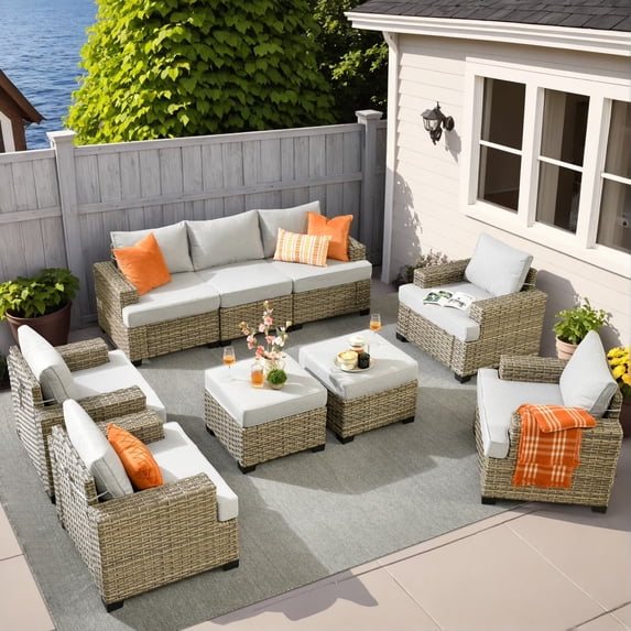 Vcatnet Outdoor Patio Furniture Sets 9 Pieces All Weather Wicker Sectional Sofa PE Rattan Wicker Outdoor Conversation Set with Ottoman, Gray