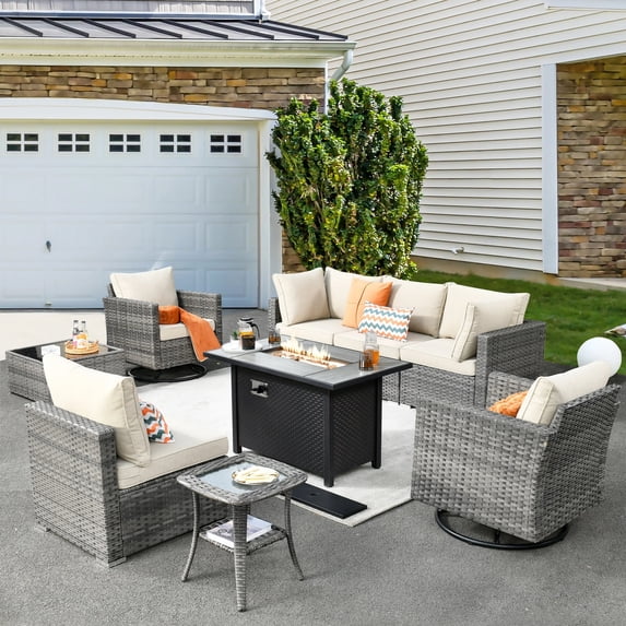 Vcatnet Outdoor Patio Furniture Sets, 9 Pieces Sectional Sofa with Fire Pit, All Weather Wicker Conversation Set with Swivel Glider Chairs and Coffee Table, Beige