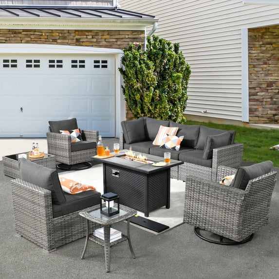 Vcatnet Outdoor Patio Furniture Sets, 9 Pieces Sectional Sofa with Fire Pit, All Weather Wicker Conversation Set with Swivel Glider Chairs and Coffee Table, Black