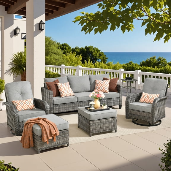 Vcatnet Outdoor Patio Furniture with Swivel Rockers 6 Pieces Sectioal Sofa All Weather Wicker Conversation Set with Ottoman for Porch, Deck, Dark Gray